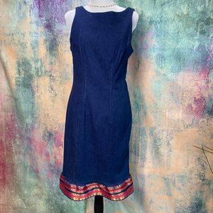 📌Harlow Beautiful Fitted Denim Dress with Red - Gold - Blue Stripped Border